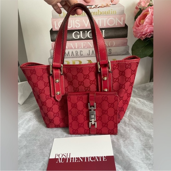 🍒 Authentic Gucci Red Sherry line canvas 257249 Tote and Jackie 05474 Bifold🍒 - Picture 2 of 14